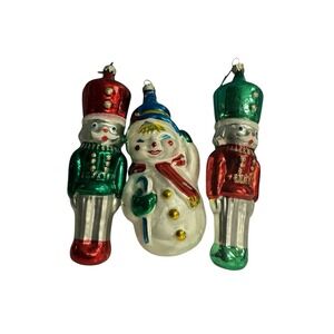 Lot of 3 Blown Glass Tree Ornaments‎ Vtg Christmas Nutcrackers and Snowman